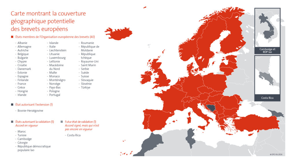 Carte montrant la couverture géographique des brevet européen à partir du 1er juin 2026
